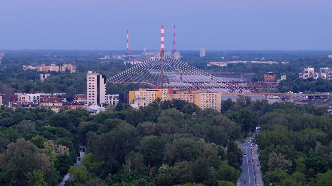 Cable-stayed bridge construction, vehicle highways, Warsaw cityscape