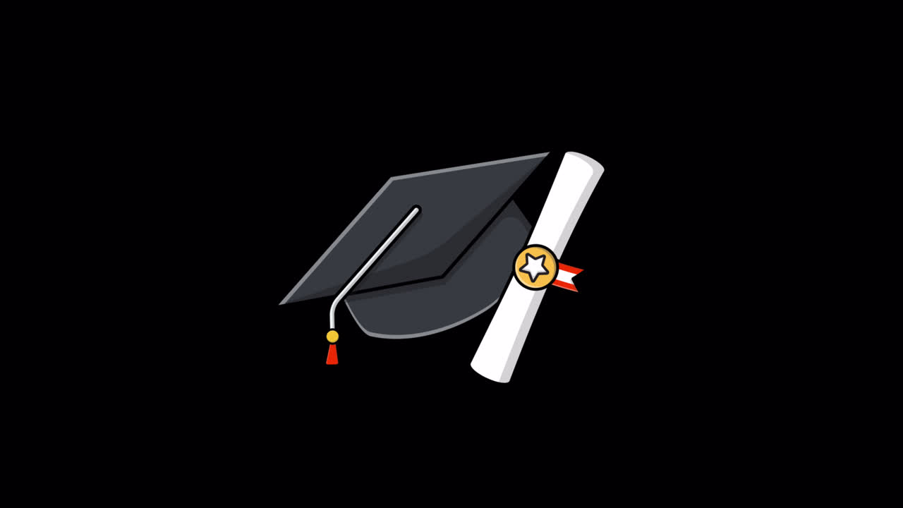 Animated Graduation Cap and Diploma with Gold Seal on Black Background