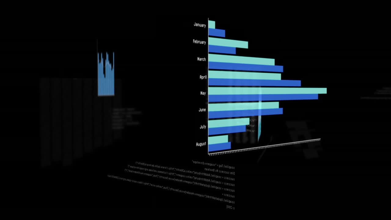 animación del procesamiento de datos y diagramas sobre fondo negro