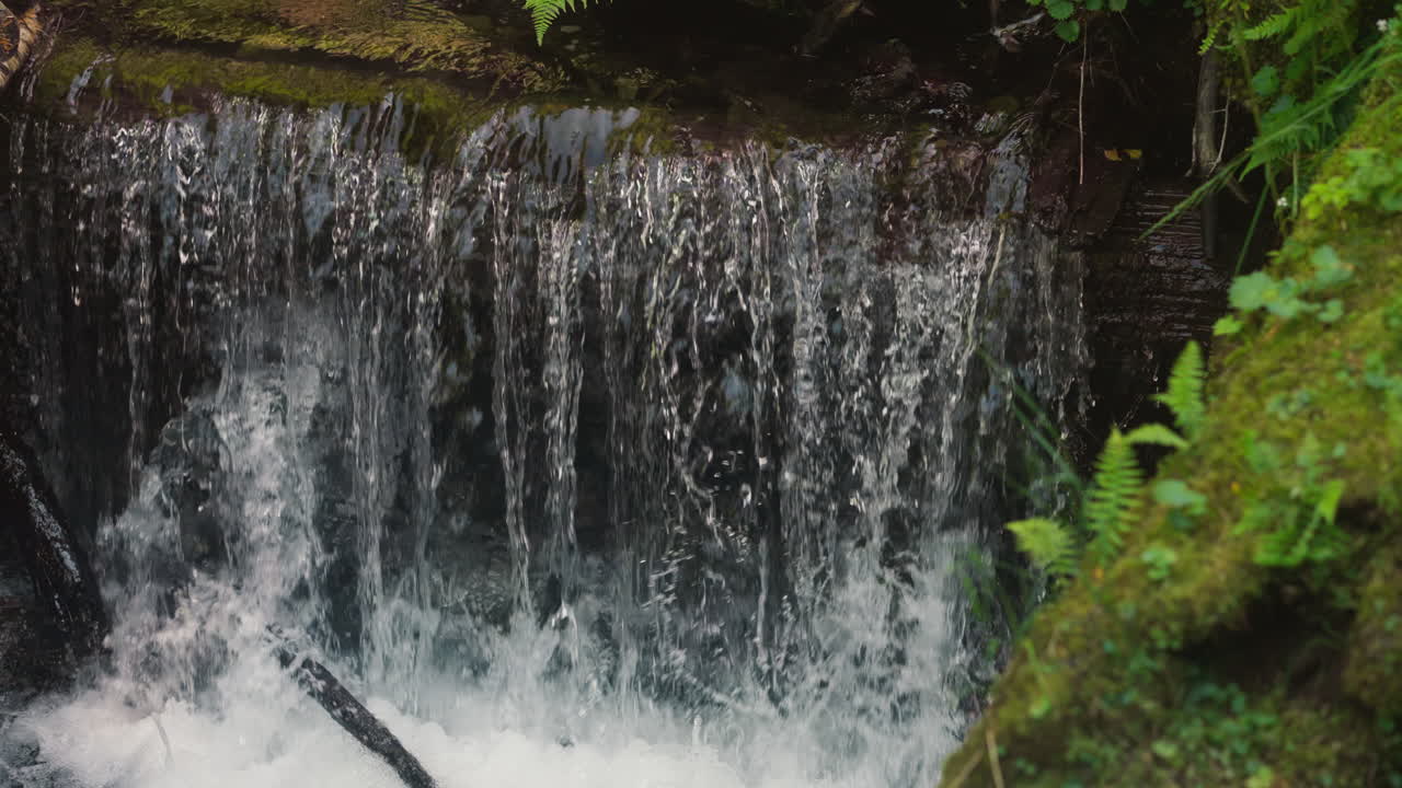 Fascinating waterfall among high moss-covered rocks. Majestic place for tourists and hikers recreational activities. Great view of clean natural reservoir