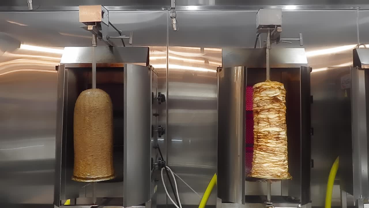 4k loop4-4 donair de res a la izquierda y shawarma de pollo a la derecha girando en una rotación de 360 grados mientras se asan perfectamente mientras los jugos gotean sobre la carne en una cocina árabe doner barbacoa vertical