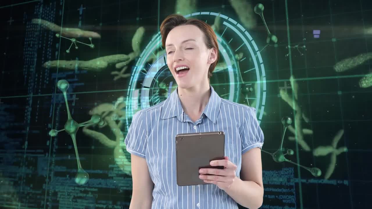 animación de escaneo de alcance sobre mujer caucásica con tabletas y células de virus