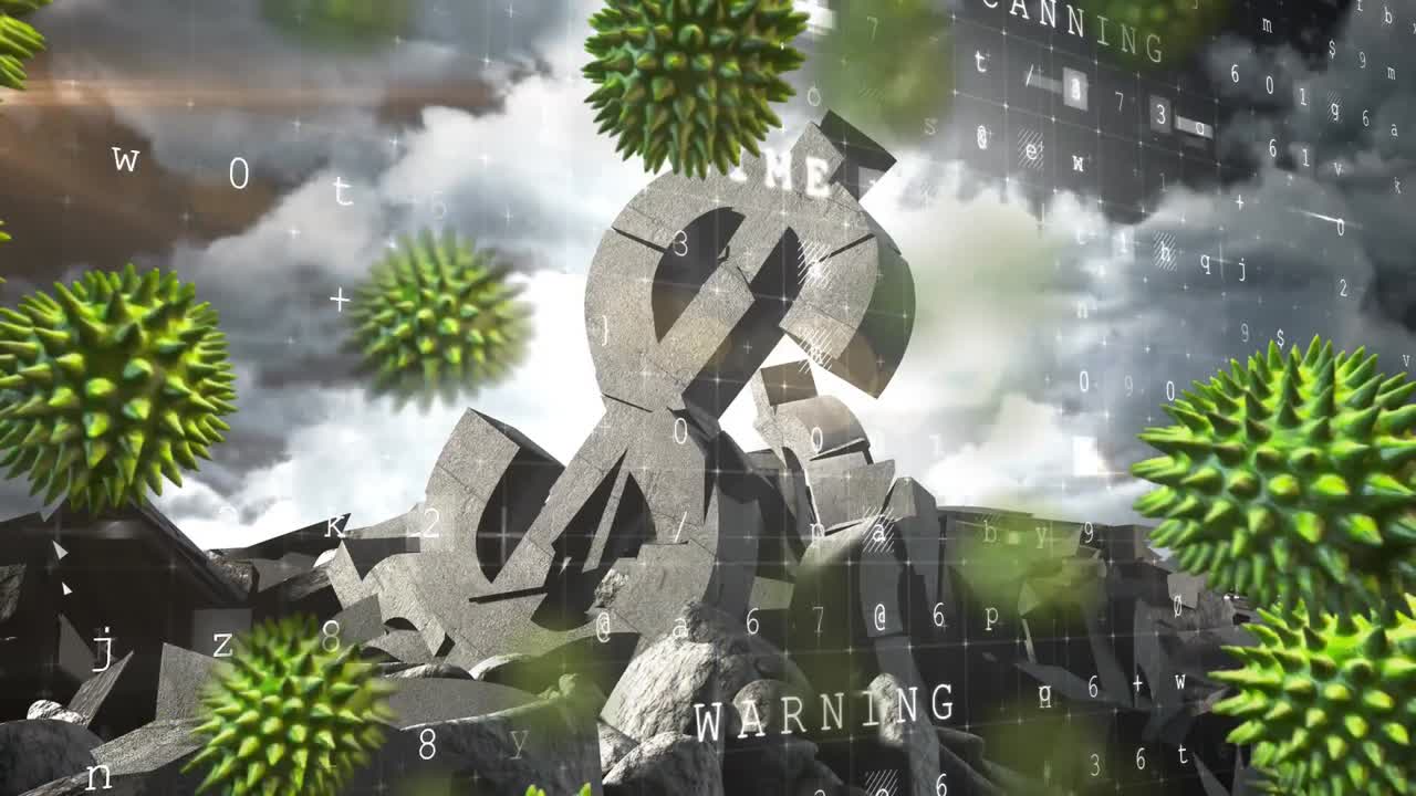 여러 코로나19 세포와 사이버 데이터 처리가 하늘에 대한 부러진 달러 통화 기호를 통해