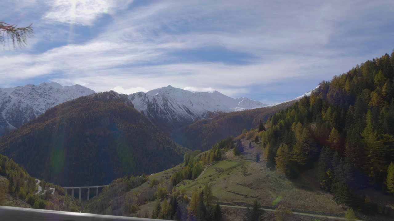 Viaggio su strada verso le montagne innevate, con una magnifica e vasta vista sulla foresta circostante.