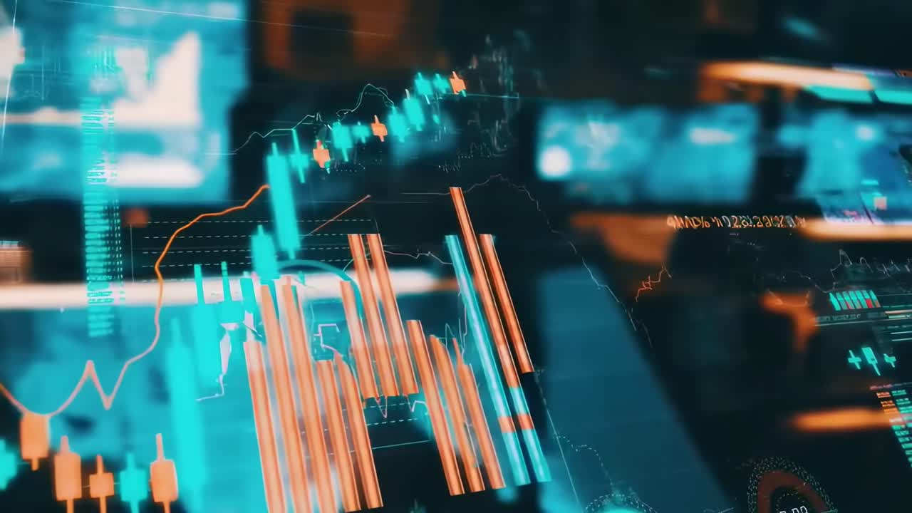 Dynamic video of financial graphs at an oblique angle, showcasing data trends