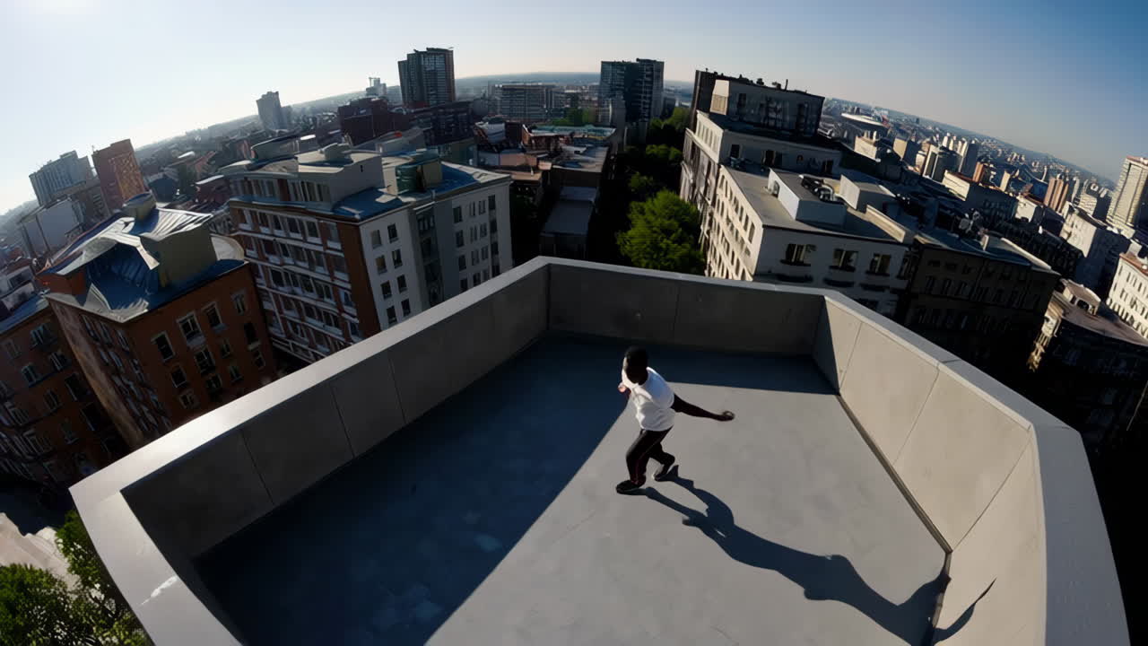 A man dancing dynamically on a concrete rooftop with a cityscape view under a clear blue sky