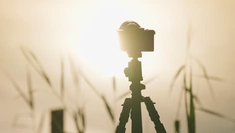 a professional camera on the tripod shooting sunrise timelapse