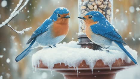 two bluebirds at a feeder in the snow