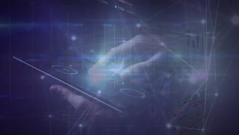 digital animation shows a businessman viewing holographic apps on a tablet.