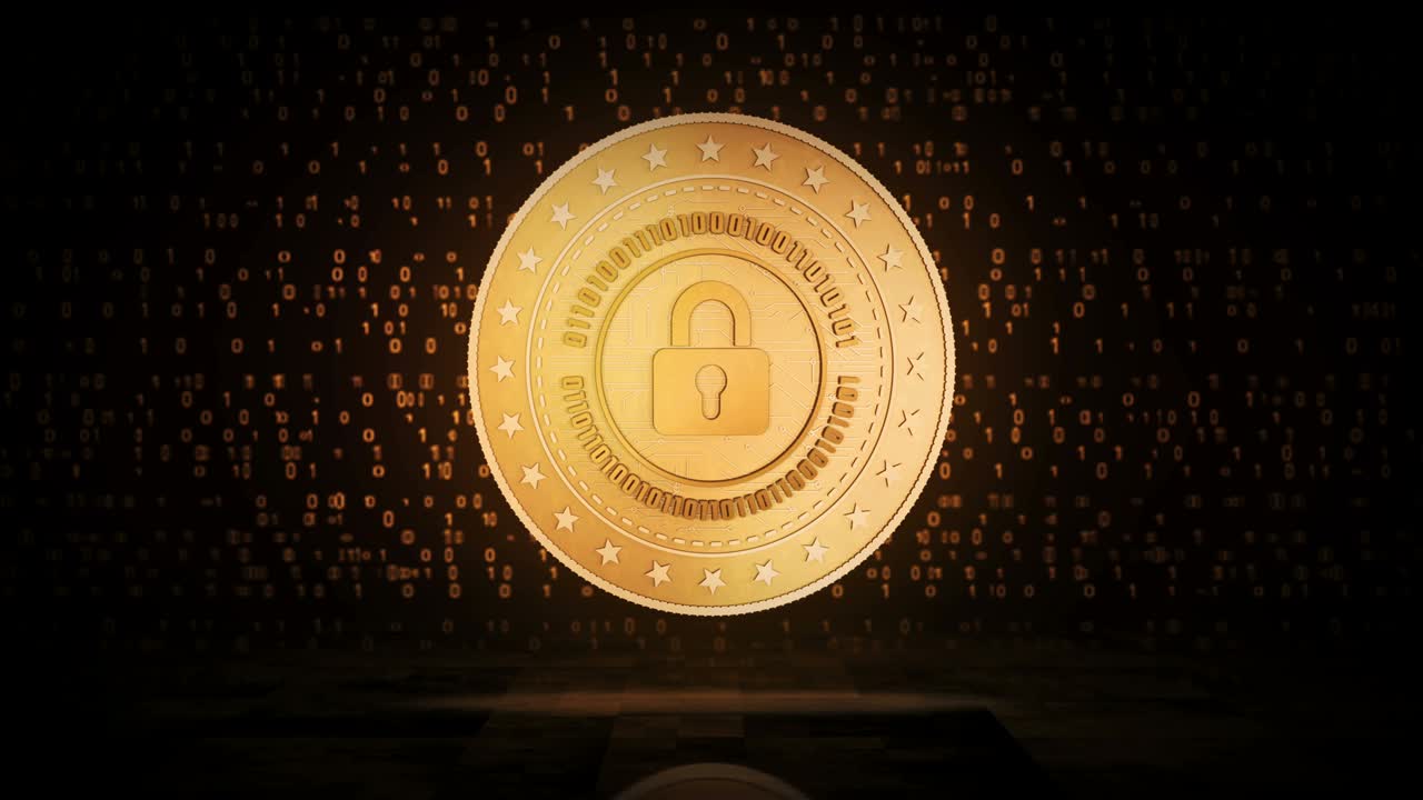 보안 및 보안 임금 락 상징 디지털 배경에 황금 동전 루프