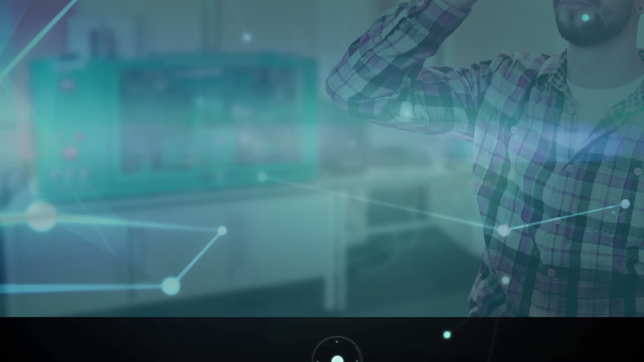 animación de la red de conexiones sobre el hombre que usa auriculares vr