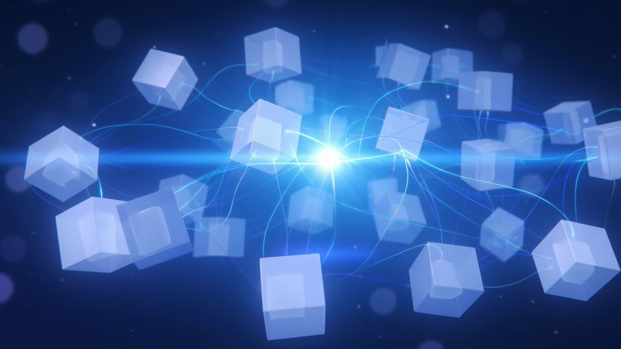 Abstract Digital Network of Glowing Cubes Connecting Data