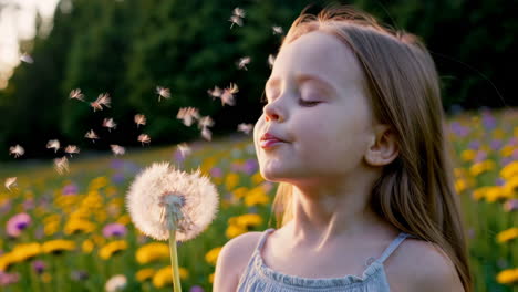 a young girl blowing dandelion seeds in a sunlit field of flowers