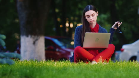 una mujer joven usa una computadora portátil en el parque en el fondo la gente camina video hd