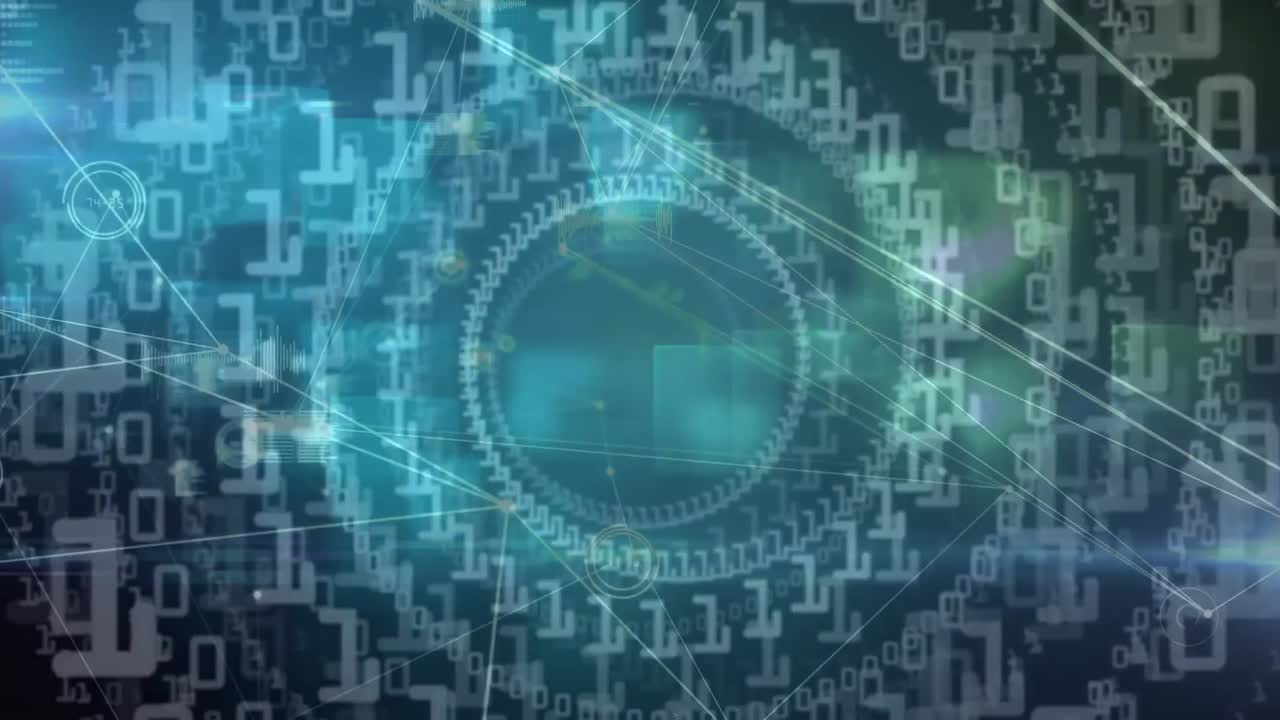 Animation of network of connections with data processing on black background