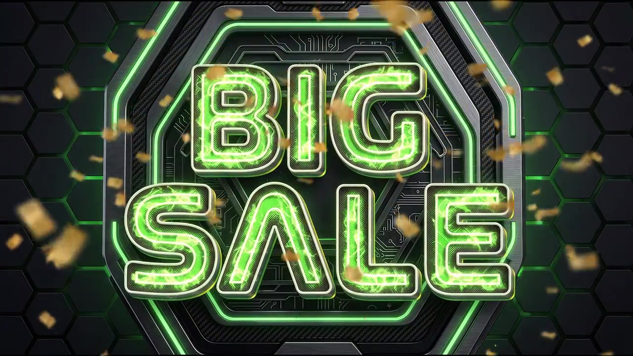 Big Sale Promotional Graphic with Neon Green Text and Falling Confetti