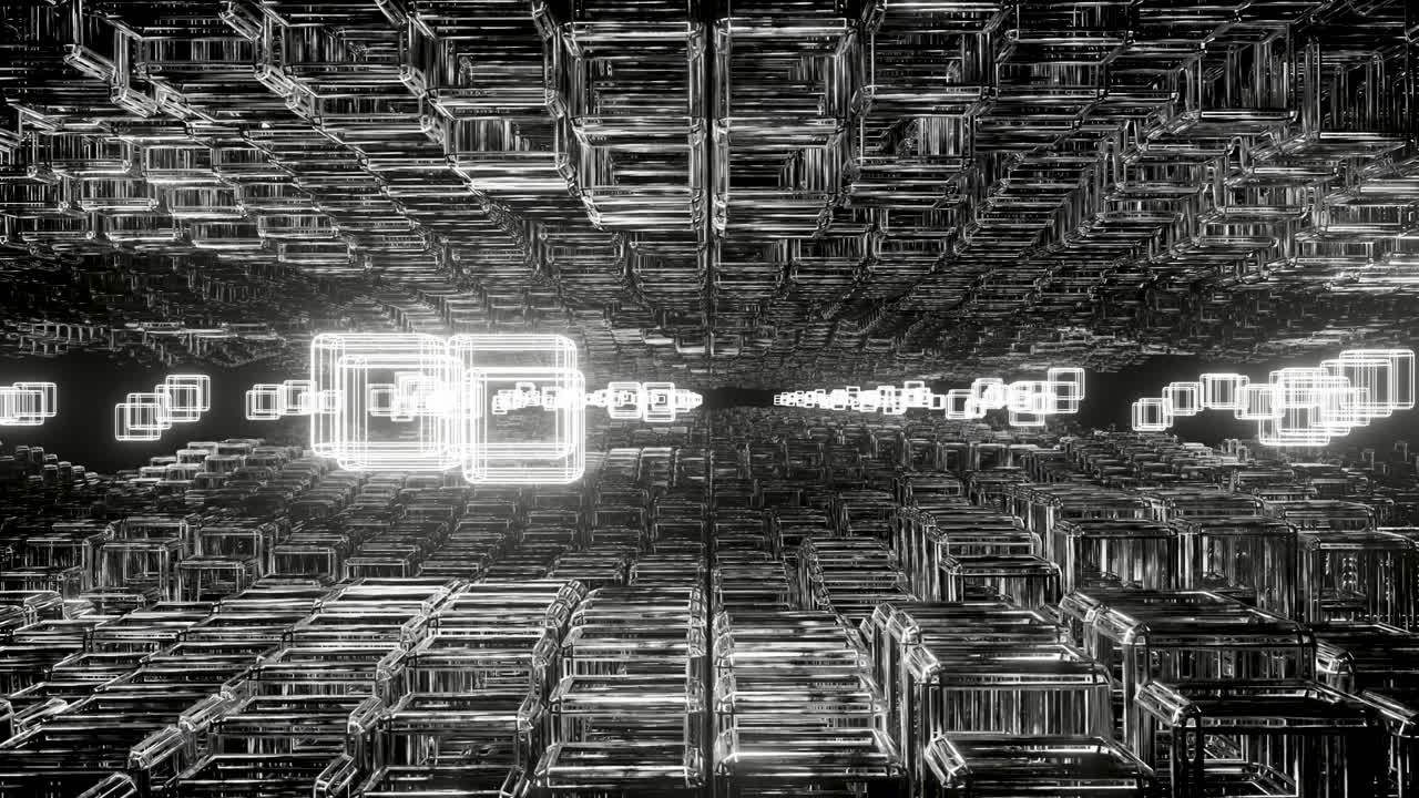 túnel de cubos de acero 3d, vuelo abstracto en corredor futurista, bucle sin costuras, fondo 4k, luz fluorescente, cubos de neón brillantes, túnel geométrico sin fin, espectro rojo, onda, renderizado 3d