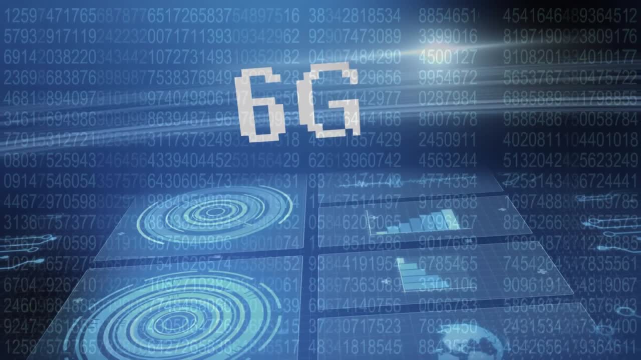 Animation of 6g text and glowing interface with charts on dark background