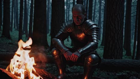 knight by the fire in a forest