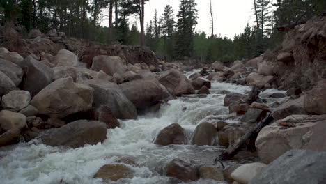 slide shot of fast moving flooded river in mountains