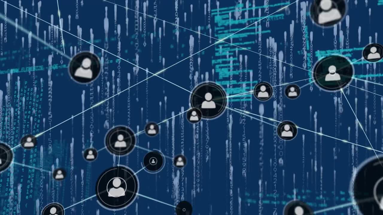 animación de la red de conexiones con iconos sobre el procesamiento de datos