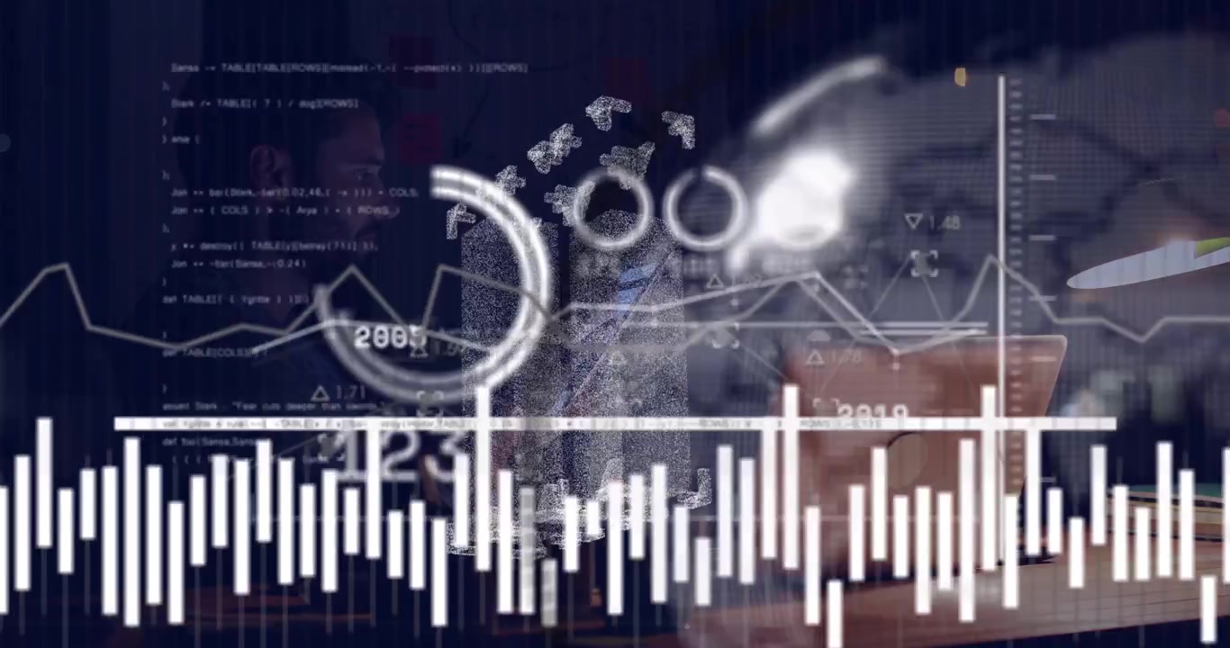 Man tapping laptop, phone, initiating timeline, waveform and gauges, analyzing tech data trends