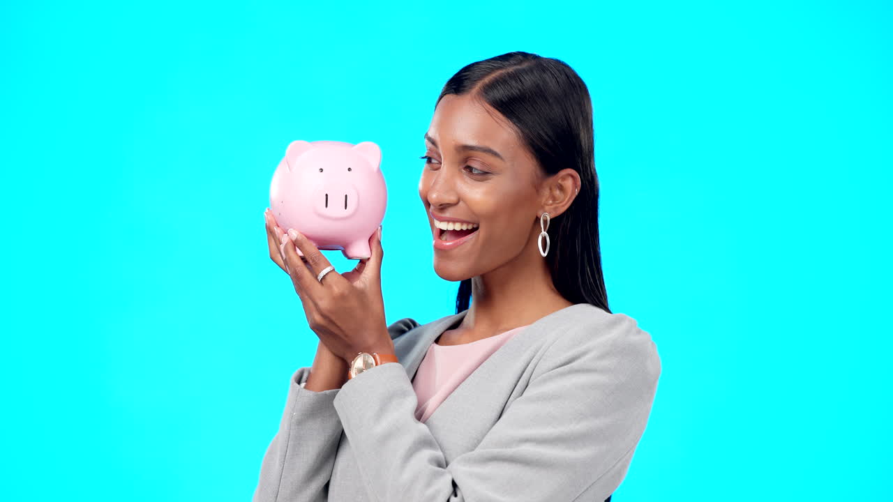 Portrait, piggy bank or happy Indian woman