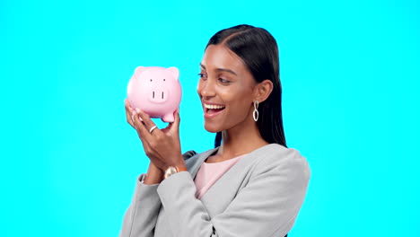 Portrait,-piggy-bank-or-happy-Indian-woman