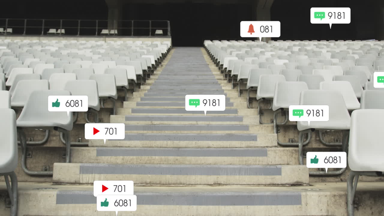 스포츠 스타디움의 스탠드에 떠다니는 소셜 미디어 아이콘의 애니메이션