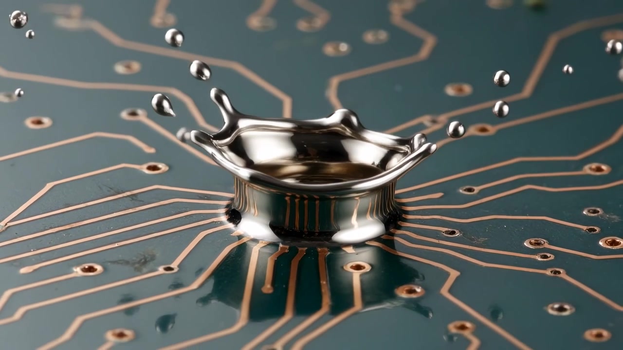 Goccia di metallo che cade formando una corona su un PCB verde, rilasciando piccole goccioline, appiattendosi per collegare le tracce