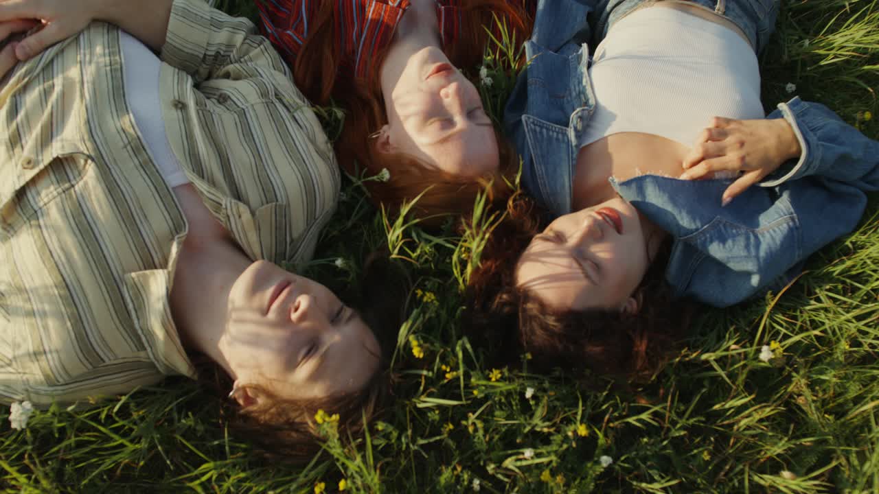 친구 들 이 들판 에서 휴식 을 하고 있다