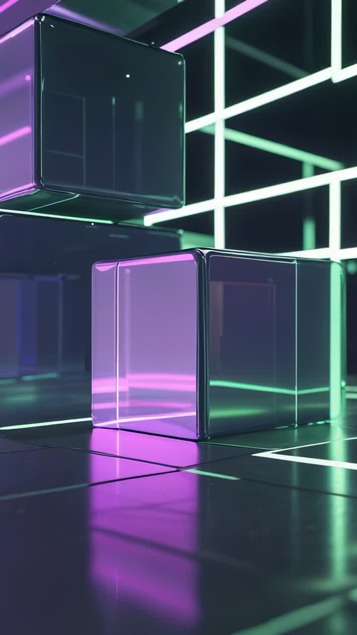 Vertical video: On opening camera panning revealing moving glass cubes in neon grid, copy space