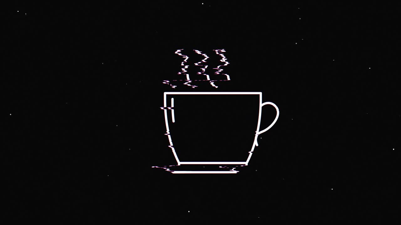 디지털 오래된 tv 스크린에 줄 커피 hud 홀로그래픽 기호, 없는 루프 고장 애니메이션, 심장, 역동적인 레트로, 즐거운, 다채롭고 빈티지 비디오 영상.