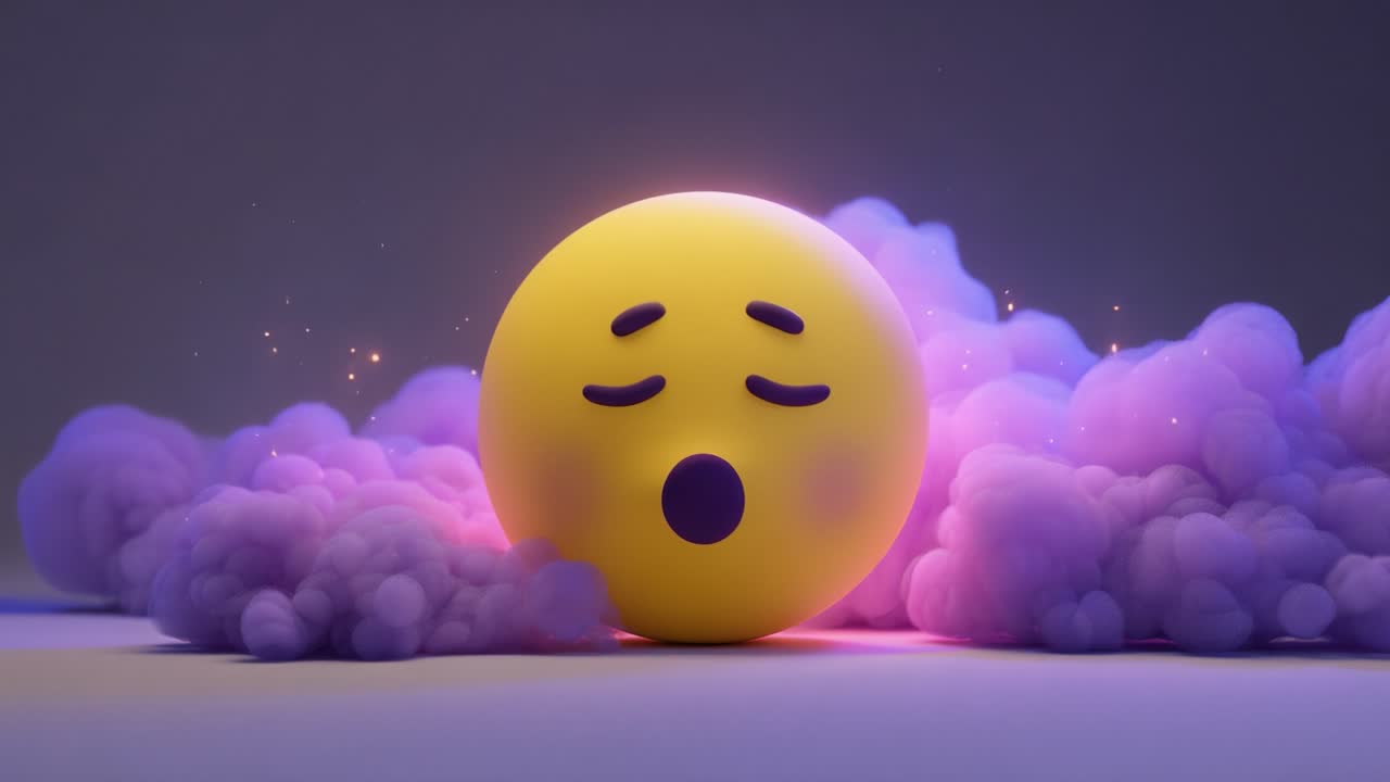 A serene yellow emoticon enveloped by soft, glowing purple clouds, embodying tranquility and relaxation, while emitting a gentle sense of calmness and imaginative wonder within a creative digital space