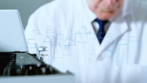 in lab, scientist working with equipment and cityscape blueprint animation overlay
