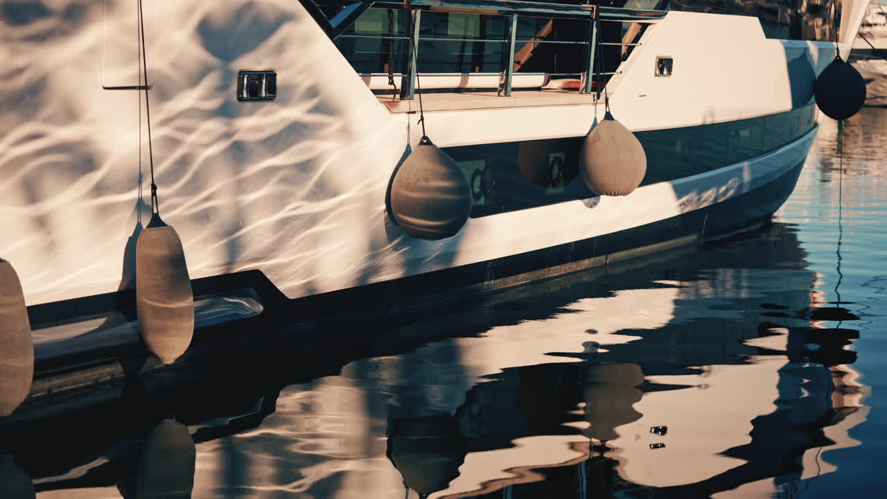Primo piano dello scafo di un moderno yacht di lusso con parabordi appesi in un porto turistico