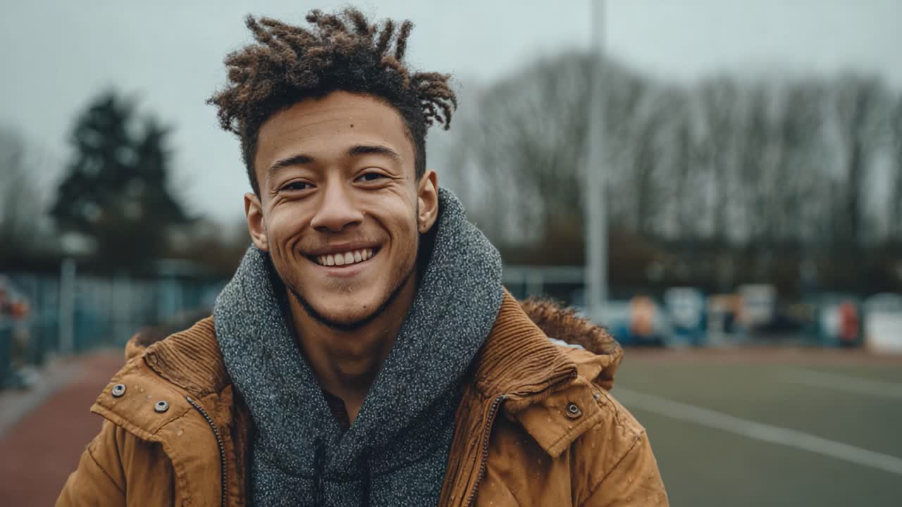 Un giovane uomo allegro con capelli alla moda e un sorriso caloroso si trova all'aperto, mostrando un atteggiamento fiducioso con una giacca marrone casual durante una giornata grigia su un campo sportivo.