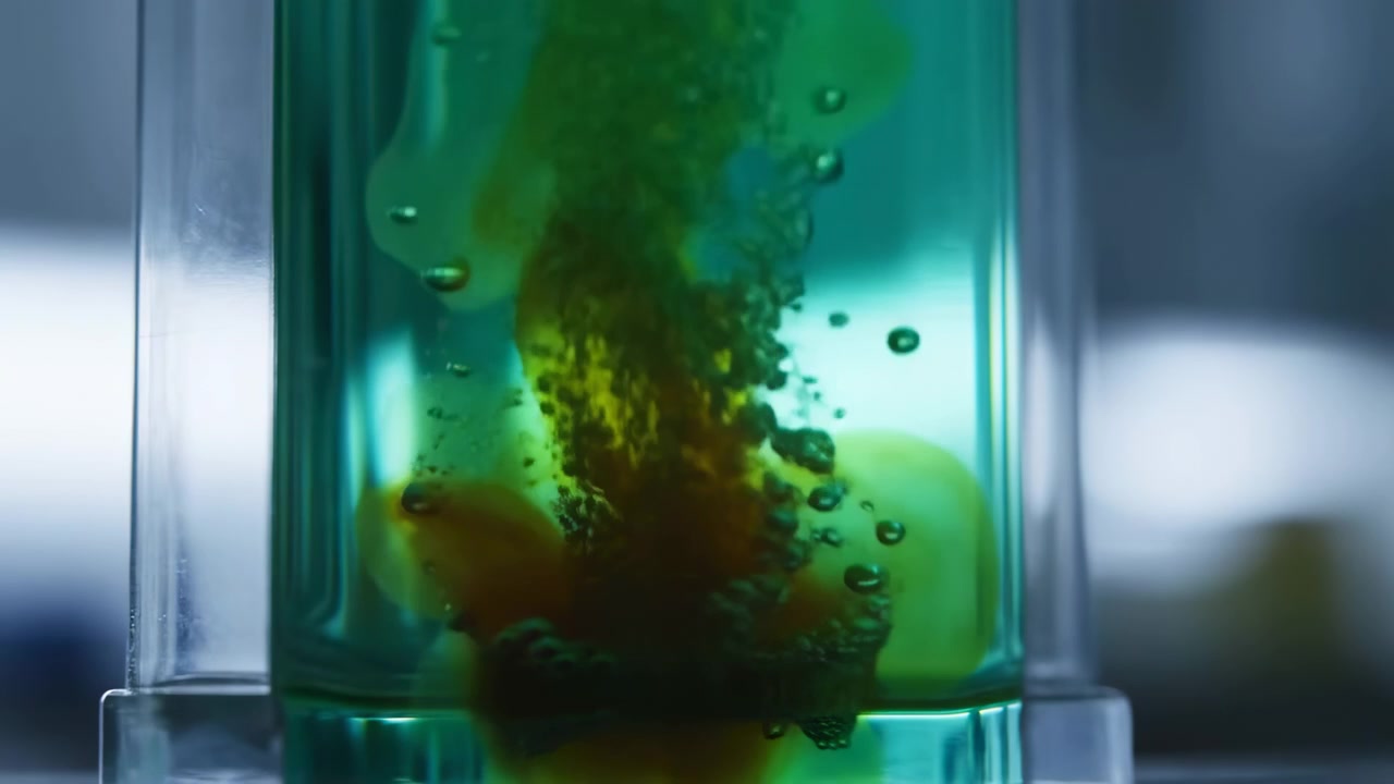 Close view of transparent vessel reveals colorful liquid movement with bubbles and drifting particles, changing from green tones to warmer hues under soft lighting with reflective glass surfaces.
