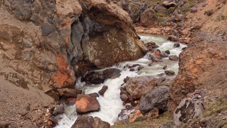 Fixed close view of a clear water river flowing through a canyon, descending from the Landmannalaugar mountains in Iceland