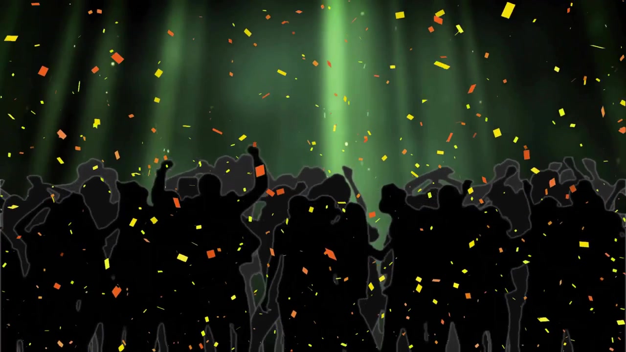 Receiving green beams, silhouettes dancing cheering amid yellow orange confetti celebrating party
