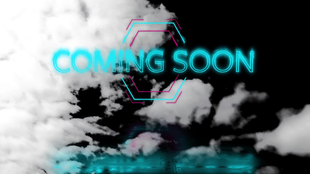 Flickering cyan letters drawing hexagon and coalescing into glowing COMING SOON announcing release
