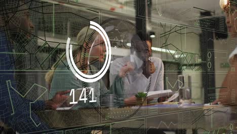 animation of interface with data processing over caucasian woman talking to her colleagues at office