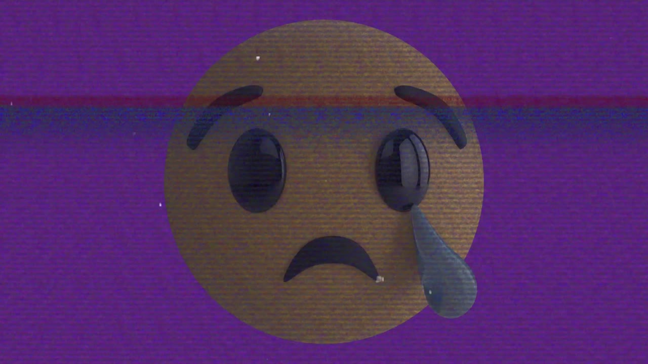 슬픈 이모지 아이콘의 애니메이션 화면 위에 소음이 있습니다.