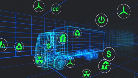 animation of multiple digital icons over 3d truck model moving in seamless pattern in a tunnel