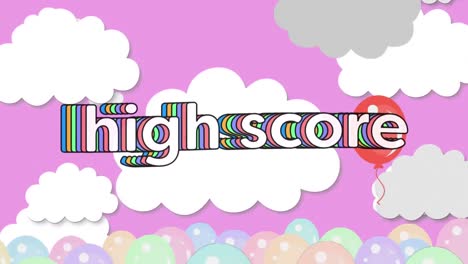 Animation-Von-Highscore-Text-Auf-Wolken-Und-Luftballons-Auf-Rosa-Hintergrund