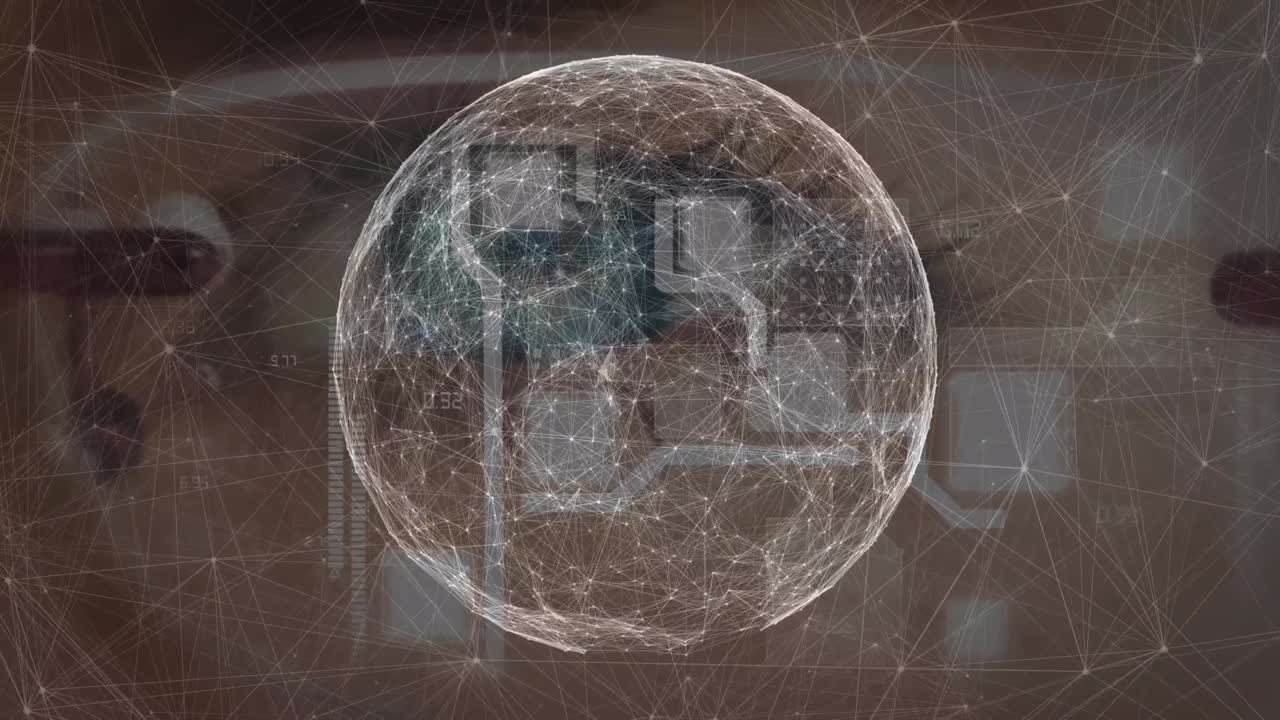 animación de conexiones y globo sobre el ojo de la mujer caucásica