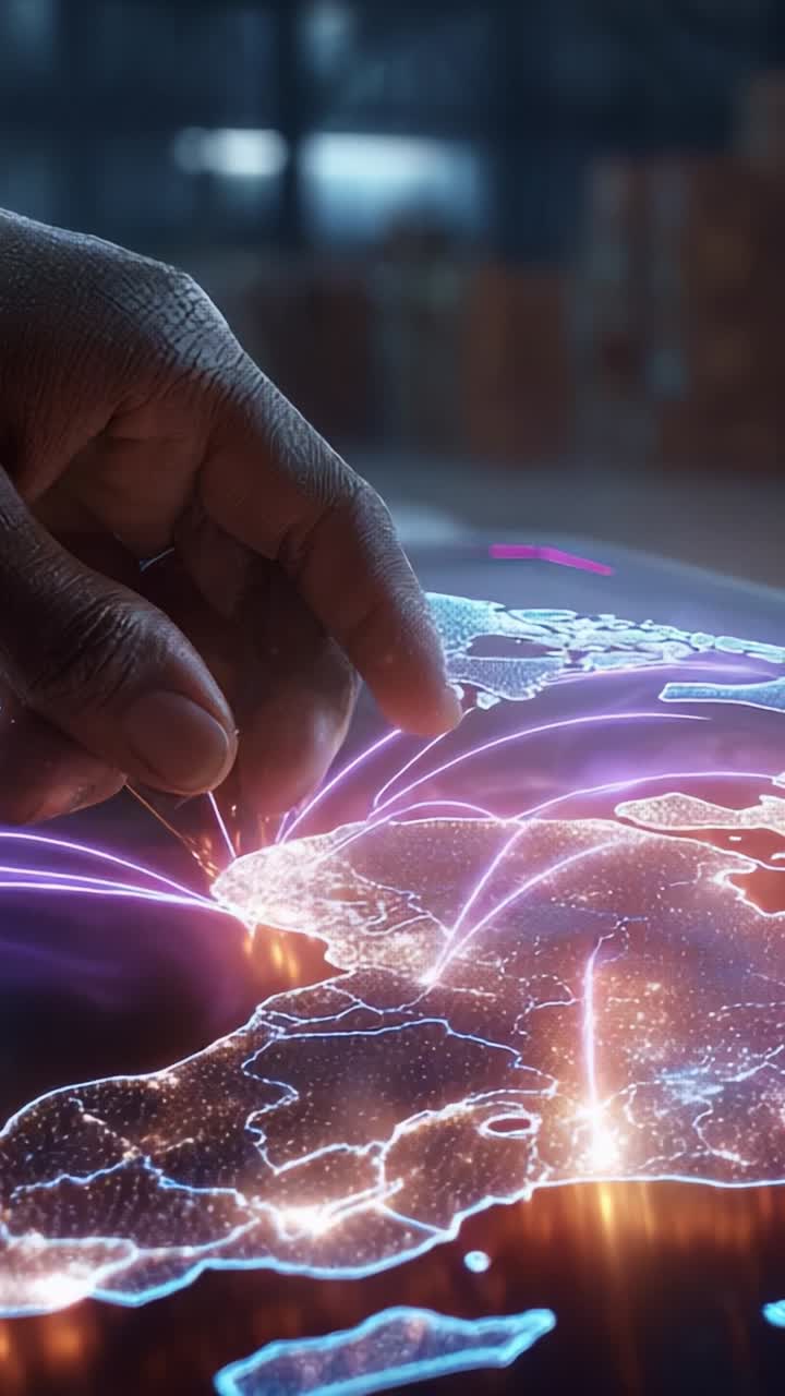A hand delicately interacts with a glowing digital globe, showcasing vibrant connections across continents, symbolizing technology, communication, and global networks
