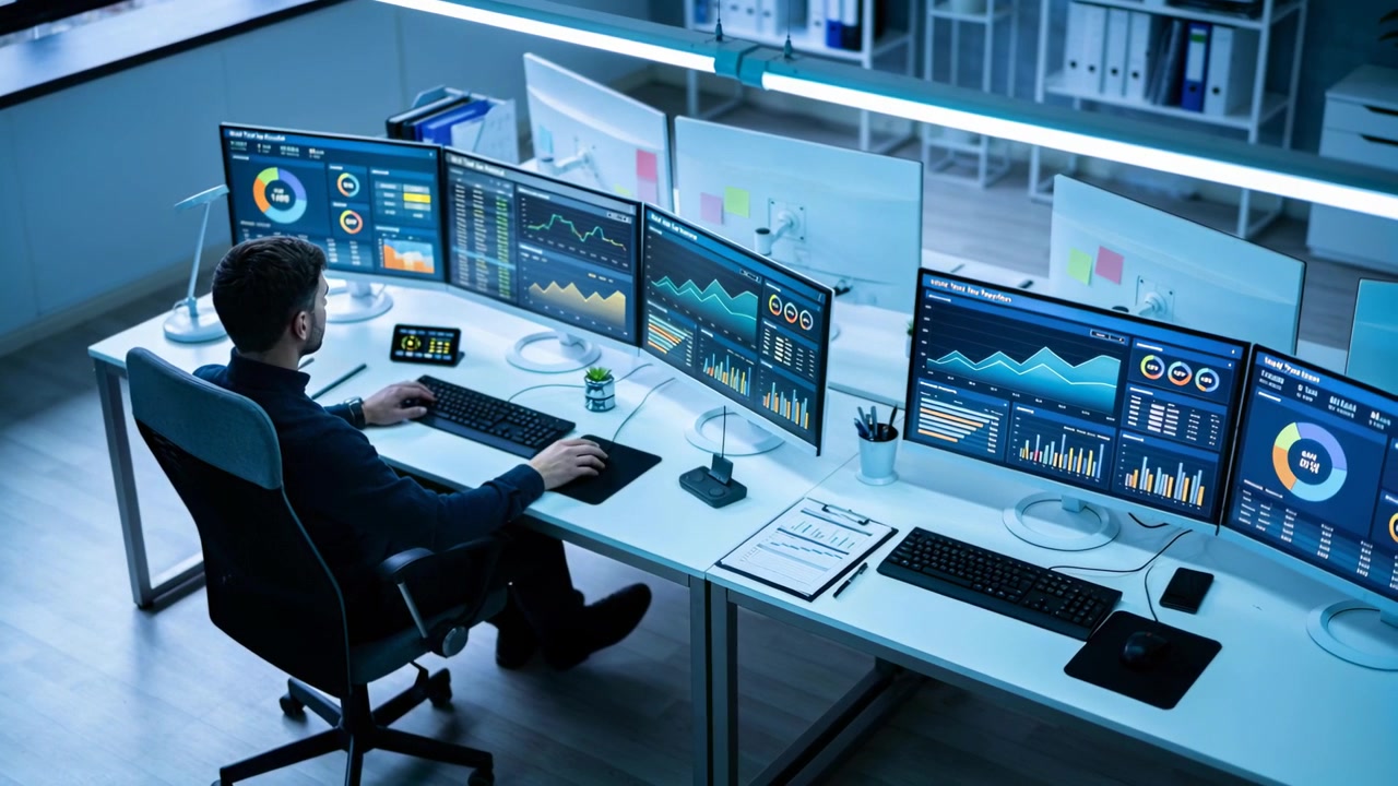 Responding to alerts male in dark sweater manipulating monitors and tablet at ops room, copy space