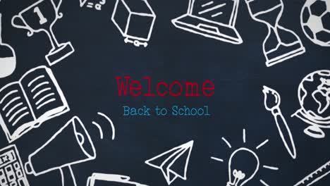 Animation-of-welcome-back-to-school-text-and-school-icons-over-black-background