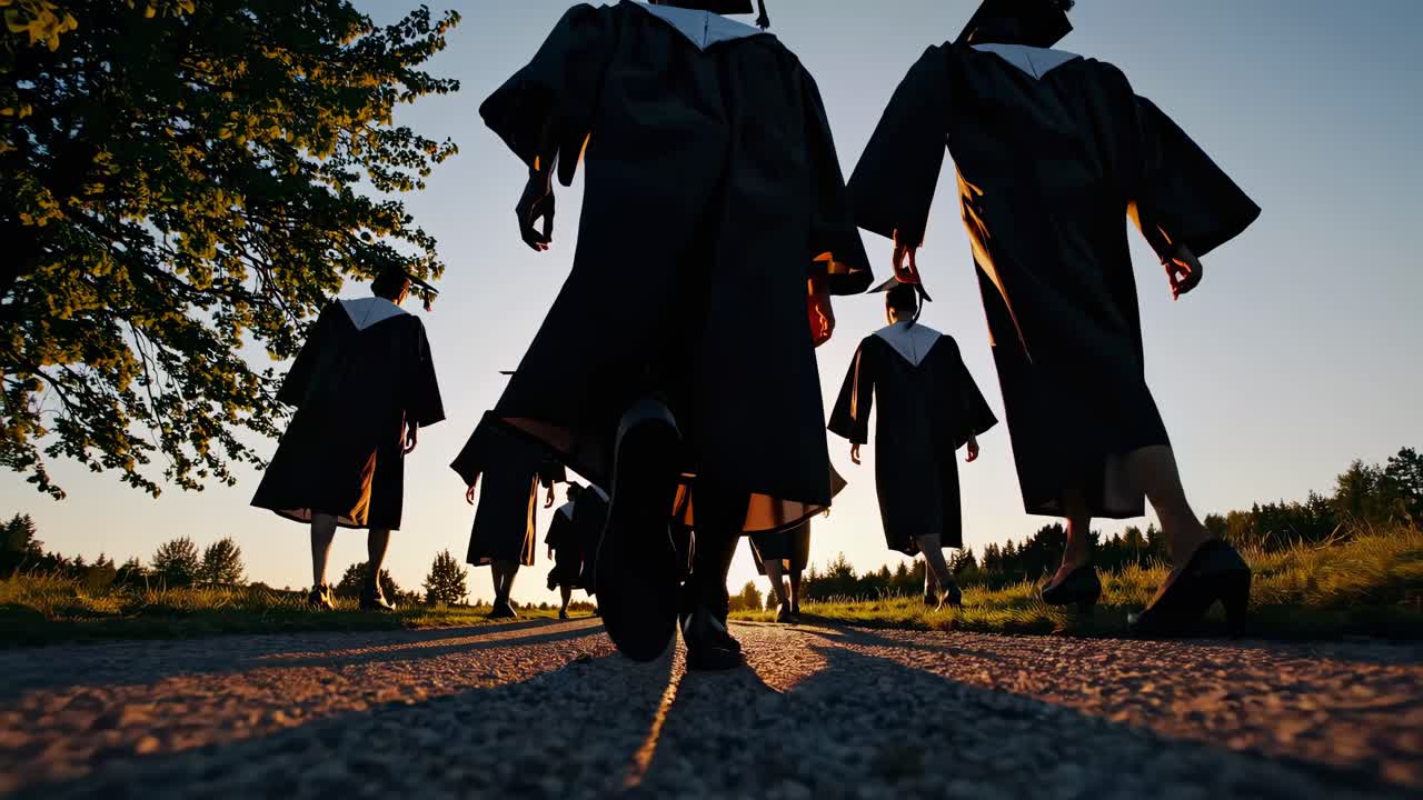 Low-angle shot of graduates walking in sunlight, capturing a sense of achievement and new